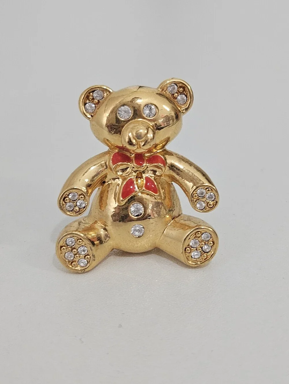 Monet Gold Tone Teddy Bear Red Bow Crystal Vintage Brooch Pin
